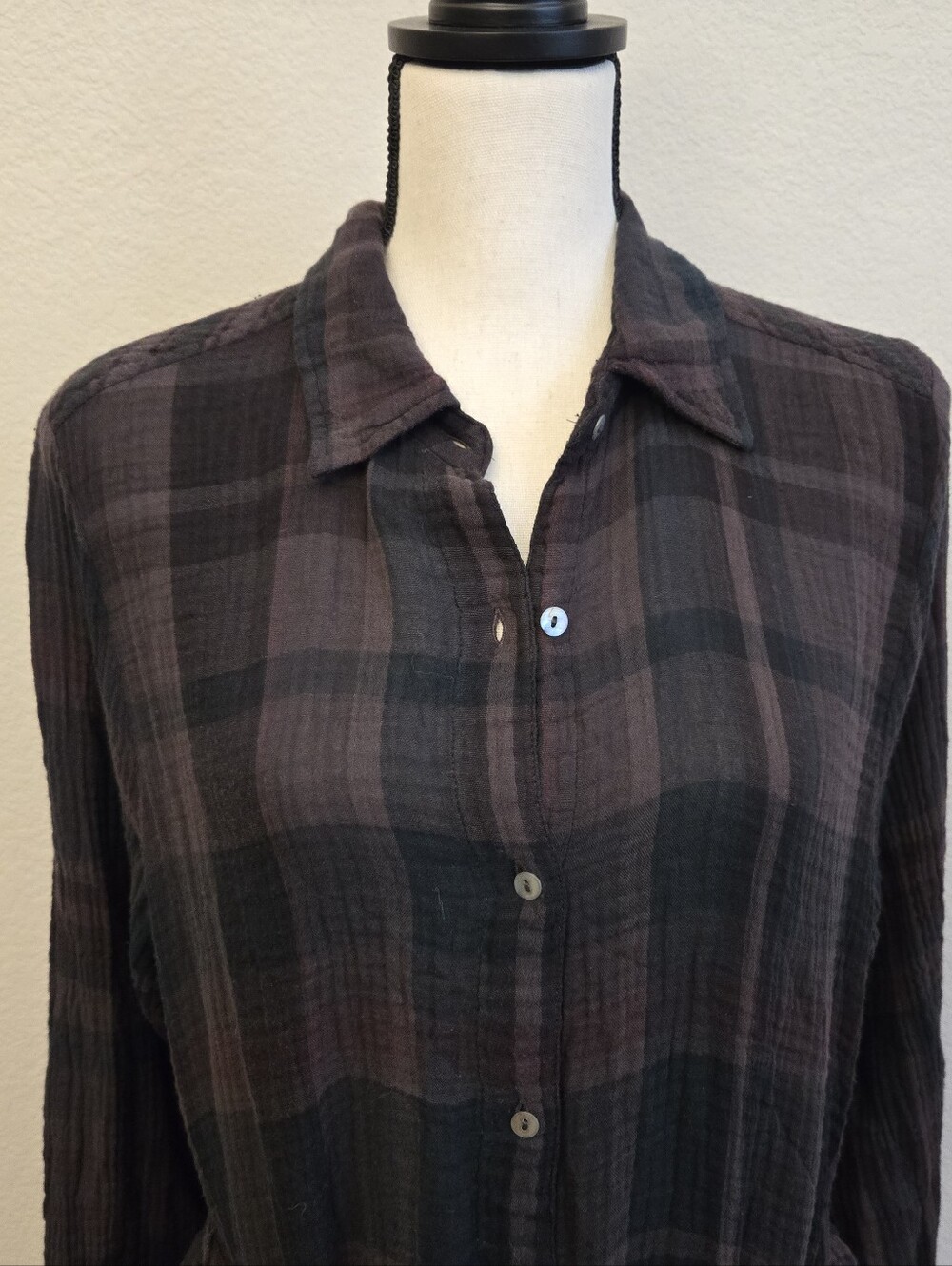Michael Stars Cotton Polly Ballon Sleeve Shirt Dress Sz XL Plaid Tie At Waist - Picture 3 of 11